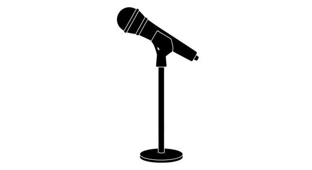 A simple black and white microphone on a stand graphic on transparent background vector