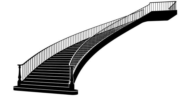 un monocromo imagen de un largo escalera con un barandilla en blanco vector