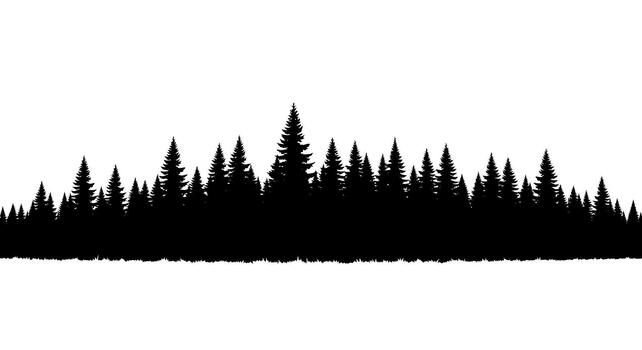 Silhouette of a dense forest with evergreen trees on white background vector