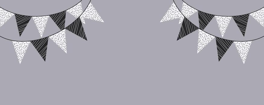 Monochrome Triangular Party Bunting Flags in corners on a gray background vector
