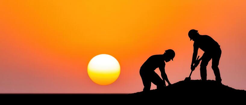 Two workers in silhouette perform storm cleanup during hurricane aftermath at sunset with bright orange sky creating dramatic scene of recovery and effort photo