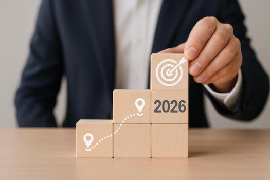 2026 roadmap planning concept with wooden blocks showing target and location icons representing goal achievement and strategic steps for future success photo