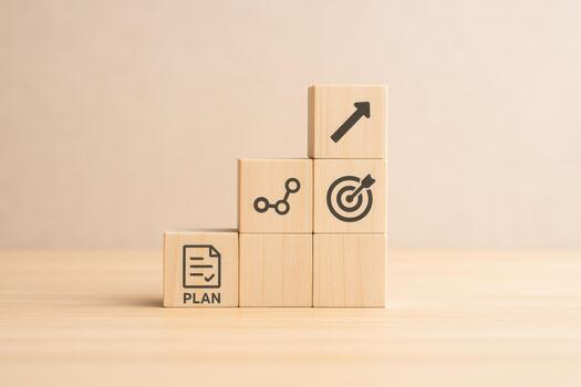 2026 roadmap concept with wooden blocks showing plan, growth, target, and upward arrow symbolizing success and strategy for future development and planning photo