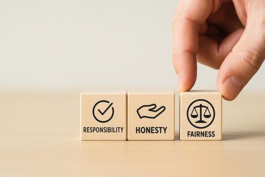 Business ethics concept with wooden blocks showing responsibility honesty fairness and hand placing last block symbolizing ethical values in business practice photo