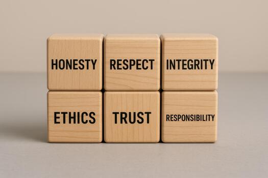 Business ethics concepts on wooden blocks including honesty respect integrity trust and responsibility representing core values for ethical business behavior photo
