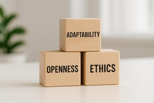 Wooden blocks with words adaptability openness and ethics represent business ethics values and principles promoting integrity and trust in professional environment photo