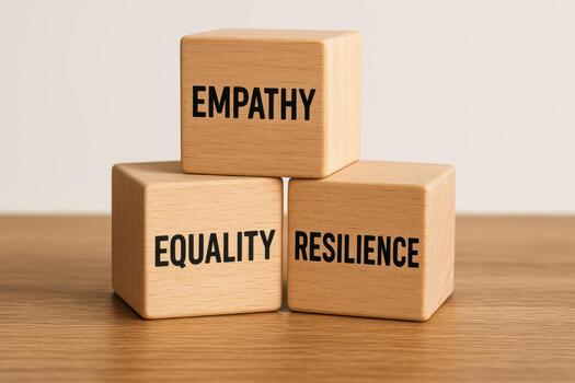 Wooden blocks with words empathy equality and resilience symbolize core values of business ethics promoting fairness and strength in professional environments photo