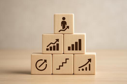 Wooden blocks with growth chart and person icons symbolize leadership team management concepts showing progress and success in structured and motivating way photo