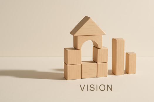 Wooden block structure with house shape and bar chart on beige background symbolizing leadership team management and vision for success and growth in organization photo