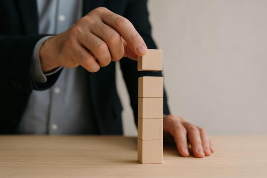Building leadership with team management concept shown by hand stacking wooden blocks in office photo
