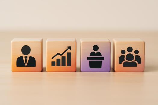 de madera bloques con íconos representando liderazgo, equipo, y administración conceptos espectáculo persona traje, crecimiento cuadro, altavoz podio, y grupo de personas simbolizando eficaz liderazgo y equipo foto