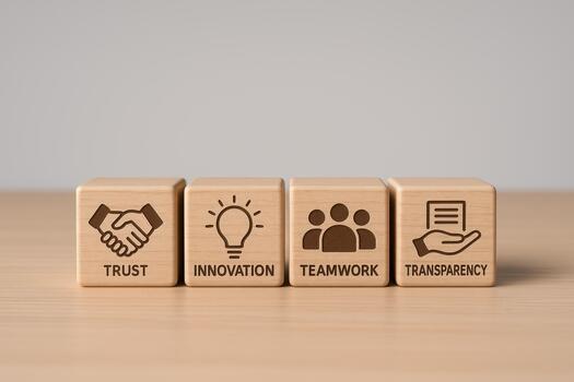 Trust innovation teamwork transparency leadership team management concepts on wooden blocks symbolizing core values for effective team management and leadership success photo