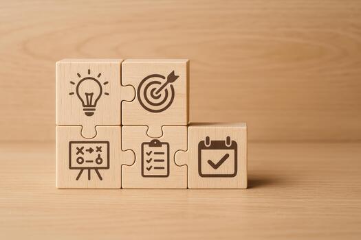Wooden puzzle blocks with icons of light bulb, target, strategy board, checklist, and calendar symbolizing leadership team management concepts in warm wooden background setting photo