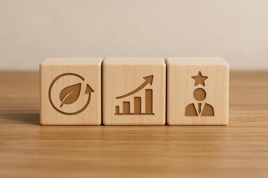 Wooden blocks with carved icons of leaf growth chart and leadership symbol on wooden surface representing leadership team management concepts for success and development photo