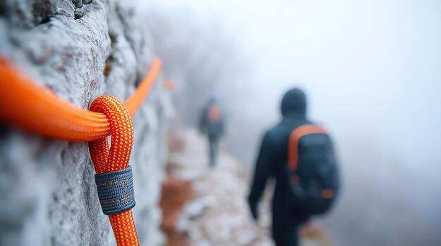 Climbing adventure with bright orange rope secured on rocky outdoor terrain as hikers walk through misty mountain path creating exciting and challenging experience photo