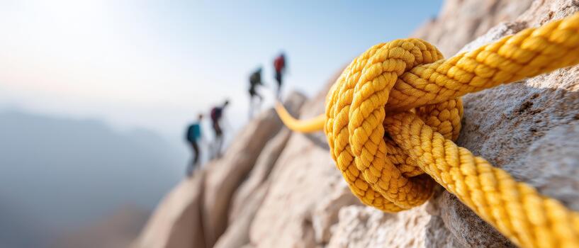 Climbing adventure with bright yellow rope secured on rocky outdoor mountain as hikers ascend in background creating exciting and challenging experience photo