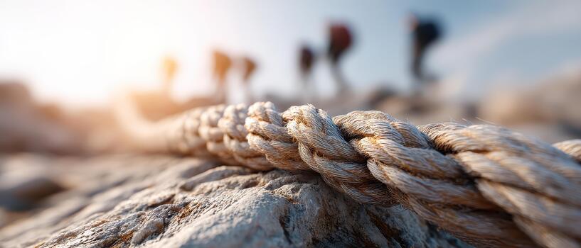 Climbing rope lies on rocky surface in outdoor setting with blurred figures in background suggesting adventure and teamwork in natural environment photo