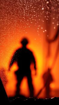 Silhouette of person standing in front of orange background with water droplets creating natural flood effect symbolizing disaster and damage in dramatic scene photo