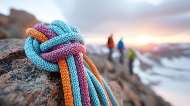 Climbing rope tied in secure knot on rocky terrain with outdoor adventure scene of hikers in background during sunset creating inspiring and thrilling atmosphere photo