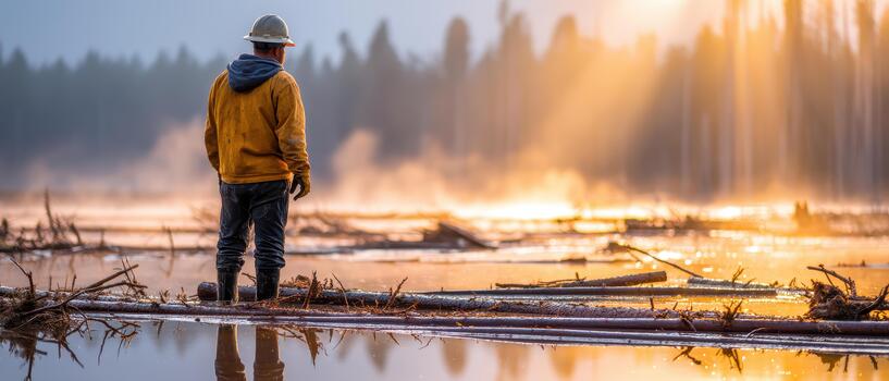 Man wearing helmet and jacket stands on logs in flooded area observing natural disaster damage with water and debris reflecting warm sunlight in background photo