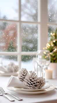invierno pino conos Decorar festivo mesa ajuste con blanco platos y servilletas cerca ventana con nieve que cae fuera de creando calentar y acogedor Navidad familia cena atmósfera foto