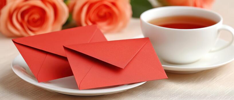Red envelopes symbolize good fortune and are often exchanged during Chinese New Year celebrations. warm cup of tea complements festive atmosphere, creating cozy and inviting scene photo
