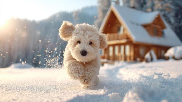 Playful pet runs joyfully through snow, leaving paw prints behind while cozy cabin stands in background, surrounded by winter wonderland photo