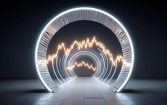 Modern archway with glowing lights represents financial growth and progress. This artistic design symbolizes goal for new year in business, inspiring innovation and success photo