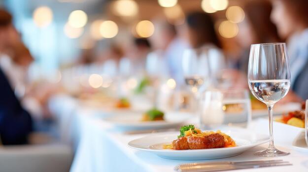 Elegant dining setting with beautifully arranged plates of food and sparkling glassware. atmosphere is warm and inviting, perfect for celebrating financial goals for new year in business context photo