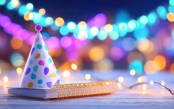Festive party hat rests on spiral notebook, surrounded by colorful bokeh lights that create joyful atmosphere. This scene captures essence of celebration and planning for new year goal in business photo