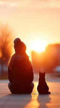 Person enjoys peaceful moment of meditation with cat during beautiful sunset. warm colors of sky create serene atmosphere perfect for reflection and connection photo