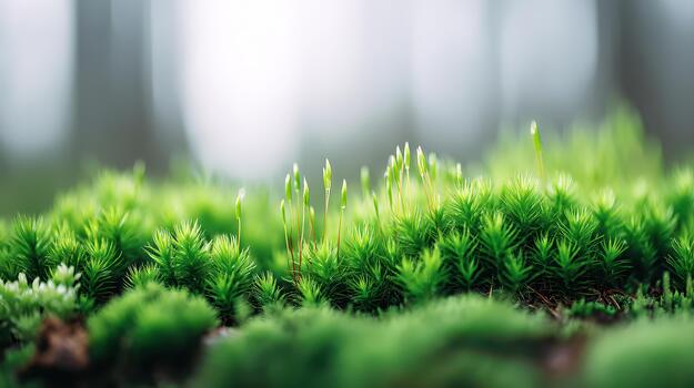 Lush green moss covers forest floor, creating serene atmosphere perfect for forest bathing and meditation. vibrant growth invites tranquility and connection with nature photo