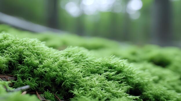 Lush green moss covers forest floor creating serene atmosphere perfect for forest bathing and meditation. This vibrant ecosystem invites tranquility and connection with nature photo