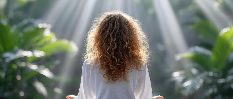 Person engages in forest bathing and meditation, surrounded by lush greenery and soft rays of sunlight filtering through trees, creating serene atmosphere for relaxation and mindfulness photo