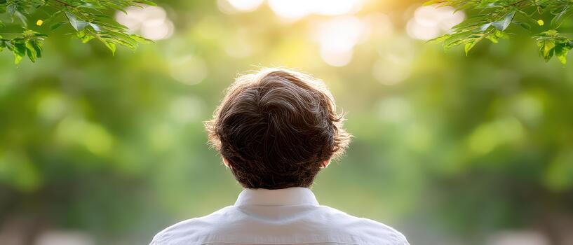Person enjoys forest bathing while meditating in serene environment surrounded by lush greenery and soft sunlight filtering through leaves photo