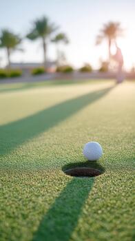 Golf ball rests near hole on lush green putting green with palm trees in background, capturing essence of serene golfing experience photo