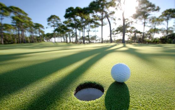 Golf ball rests near hole on lush green putting green surrounded by tall trees and sunlight filtering through branches creating serene atmosphere photo