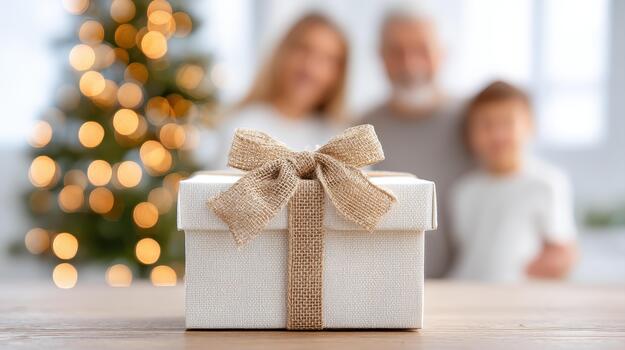 Beautifully wrapped gift sits on wooden table, symbolizing joy of Christmas. soft bokeh of decorated tree in background enhances festive atmosphere, evoking warmth and togetherness photo