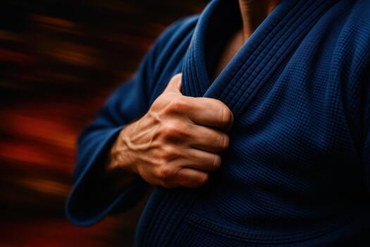 Person in blue jiu jitsu uniform grips their collar with determination showcasing spirit of martial arts. background features dynamic blur enhancing focus on jiu jitsu technique photo