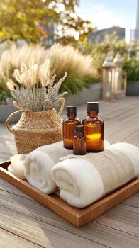 Relaxing atmosphere with towels, essential oils, and decorative elements creates perfect setting for reiki and meditation. Enjoy tranquility and rejuvenation in this serene environment photo