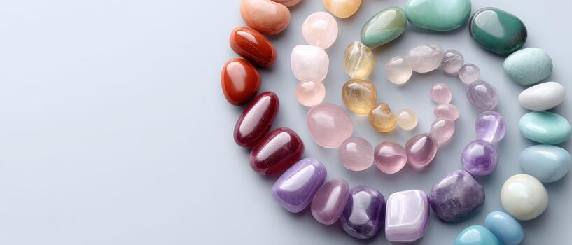 Colorful gemstones arranged in spiral pattern showcase their natural beauty and unique shapes. These stones are often used in reiki and meditation practices to enhance energy and promote healing photo