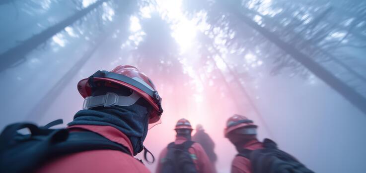 Firefighters navigate through foggy forest during disaster response, showcasing their determination and teamwork in challenging conditions photo