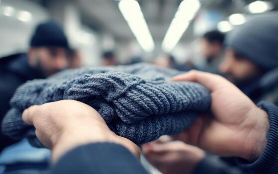 Warm sweater is exchanged between hands in crowded space, symbolizing kindness and community support during disaster. This act highlights importance of helping others in need photo