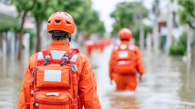 rescate trabajadores en brillante naranja uniformes navegar mediante inundado área, exhibiendo su Dedicación durante desastre respuesta. su trabajo en equipo y compromiso son vital en superar retos foto