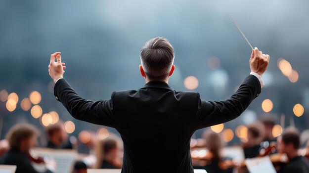 Conductor leads orchestra with passion and precision creating captivating atmosphere filled with music and energy photo