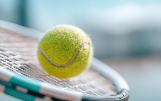 Vibrant tennis ball rests on racket, showcasing its bright yellow color and fuzzy texture, symbolizing excitement and energy of sport photo