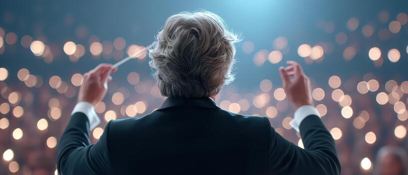 Talented conductor leads orchestra, creating magical atmosphere filled with anticipation and excitement. audience is captivated by performance, surrounded by shimmering lights photo
