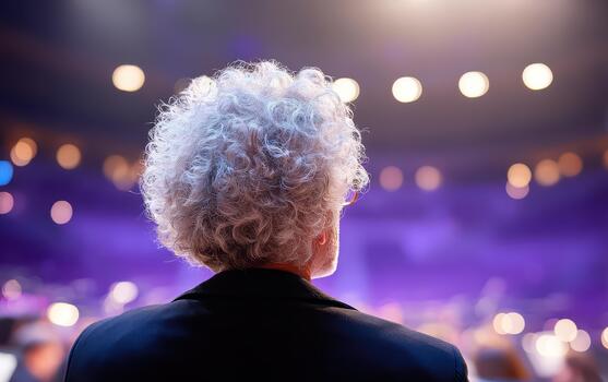 Orchestra conductor stands confidently, guiding musicians with passion and precision, creating harmonious atmosphere filled with music and emotion photo