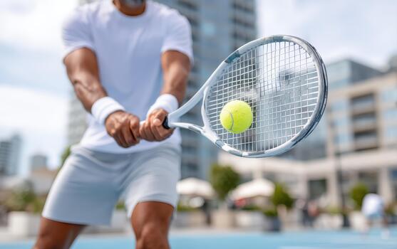 Player demonstrates skill in tennis while striking yellow ball with racket on sunny day. urban background adds vibrant atmosphere to energetic scene photo