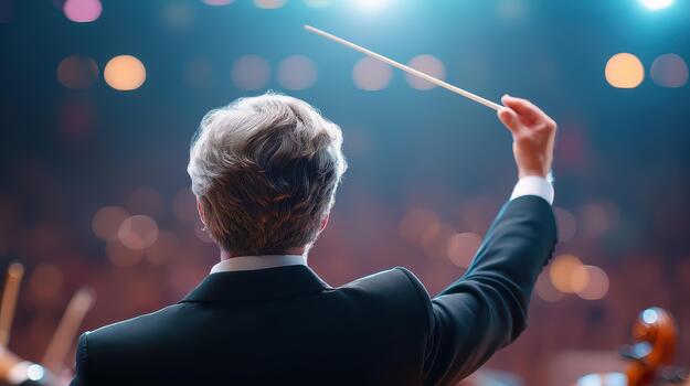 Skilled conductor leads orchestra with passion and precision, creating captivating musical experience that resonates with audience. atmosphere is filled with anticipation and excitement photo